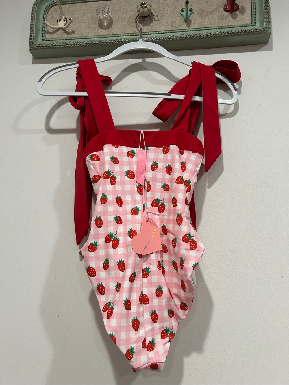 Dolls Kill Red Pink Strawberry Gingham One-Piece bow strap Swimsuit women’s xxs - Picture 6 of 8